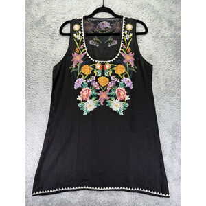 FMarks Black Floral Embroidered Linen Tunic Top Large‎ Mini Dress Sleeveless